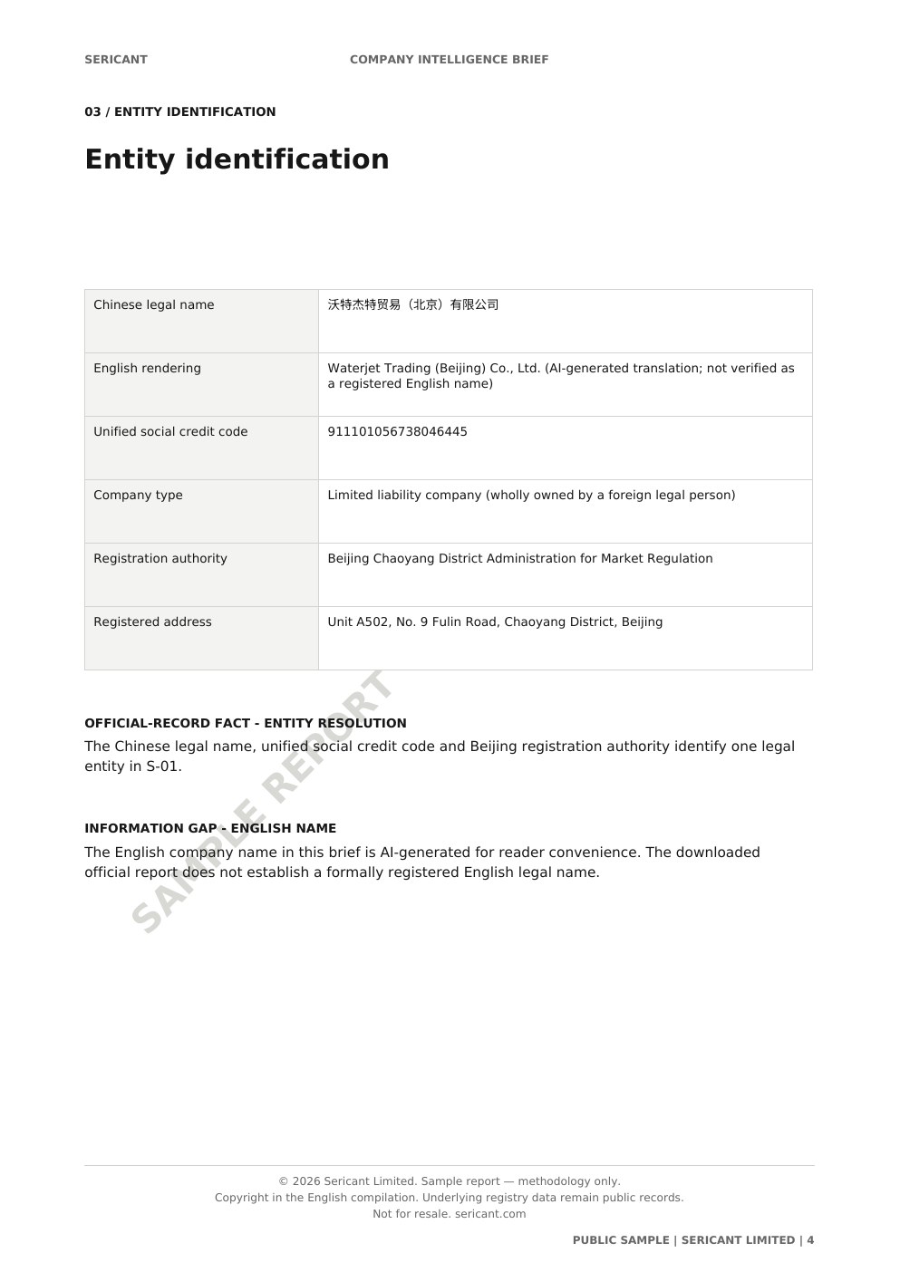 Entity identification page from the Sericant public sample report