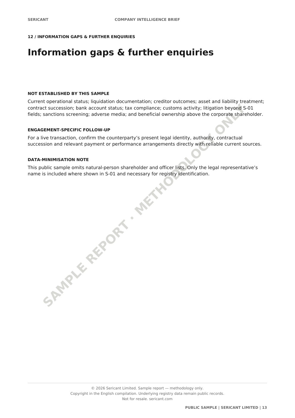 Information gaps page from the Sericant public sample report